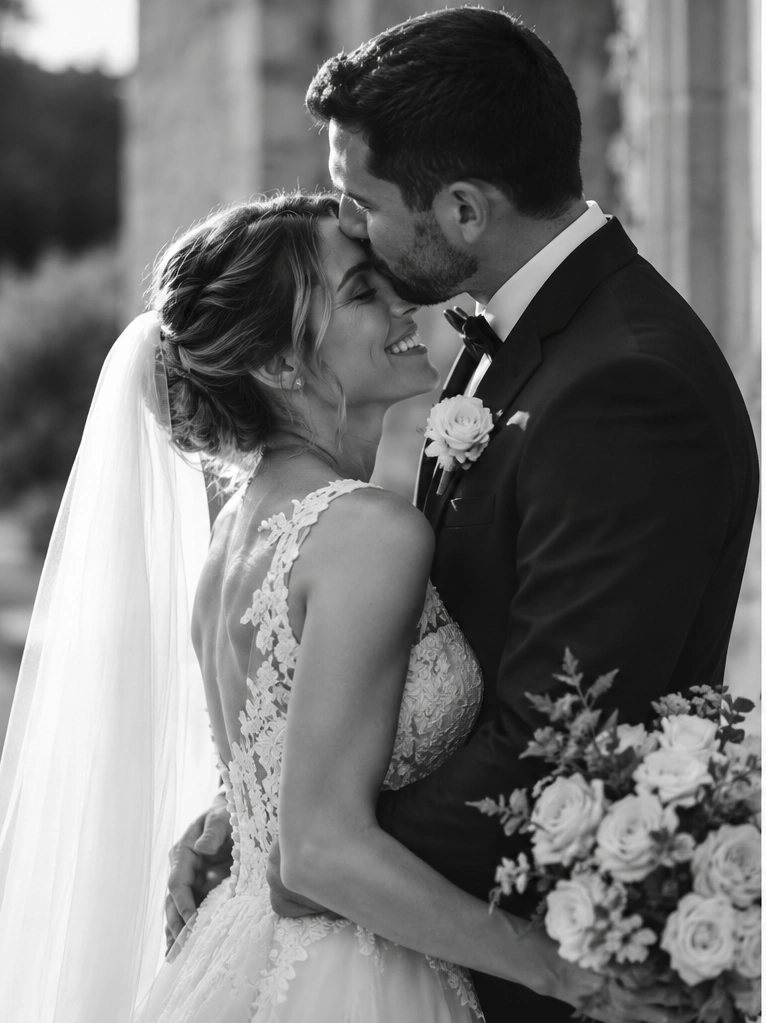 Couple de mariés enlacés, photo en noir et blanc