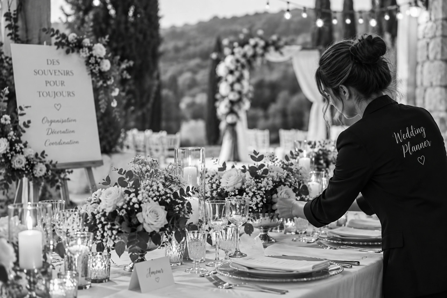 Wedding planner dressant une table de mariage fleurie, photo en noir et blanc