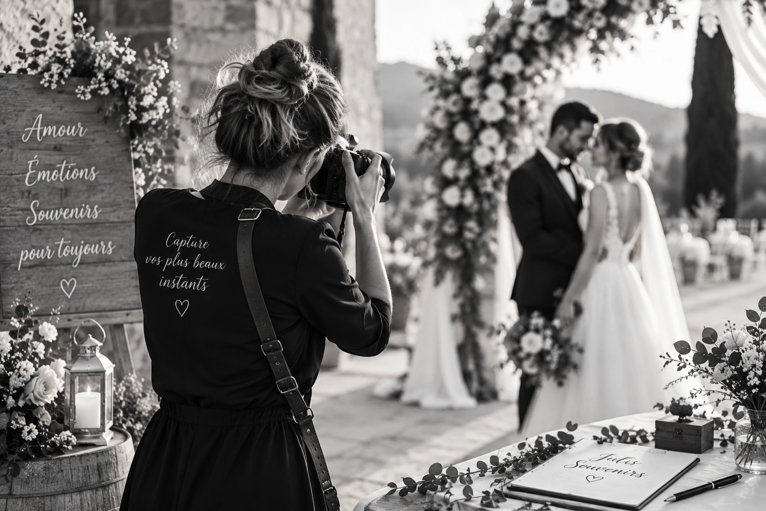 Photographe de mariage photographiant les mariés sous une arche fleurie, photo en noir et blanc