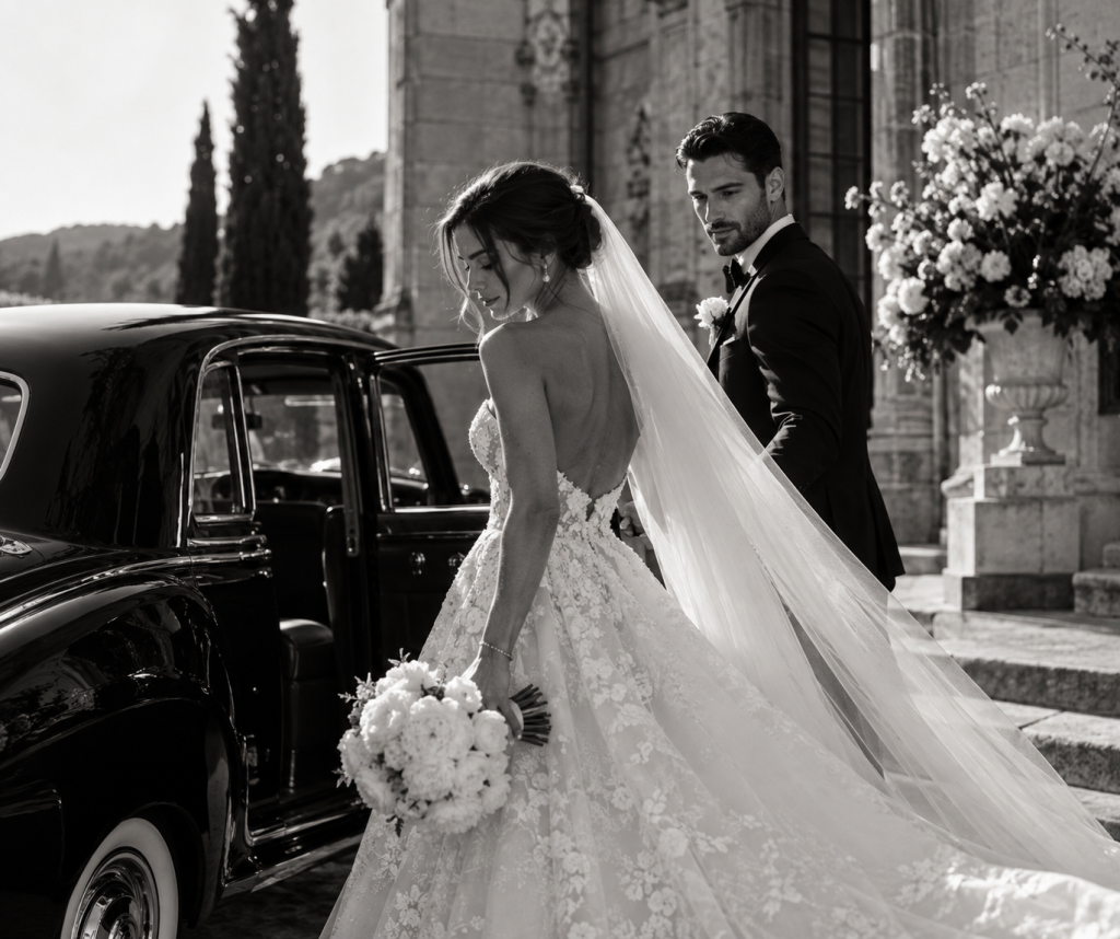 Réductions mariage Collection OUI : jeunes mariés devant une voiture ancienne, photo en noir et blanc