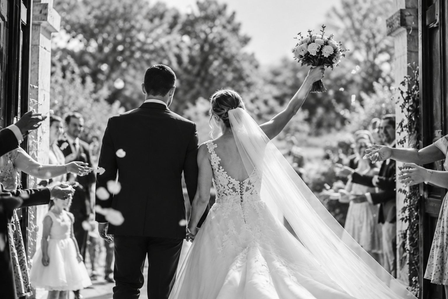 Recommander un prestataire de mariage : sortie de cérémonie des mariés, photo en noir et blanc