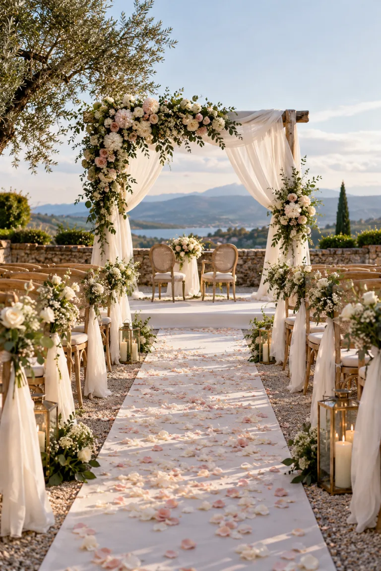 Allee de mariage fleurie face au lac 768x1152
